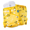 Bright yellow maxima reusable cloth diaper with cute doodles