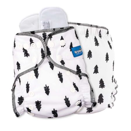 White maxima reusable cloth diaper with black trees design